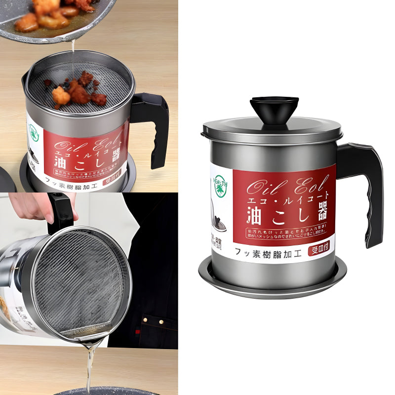 Stainless Steel 1.4-Liter Cooking Oil Strainer Pot with Filter and Thick Chassis for Efficient Grease Filtration