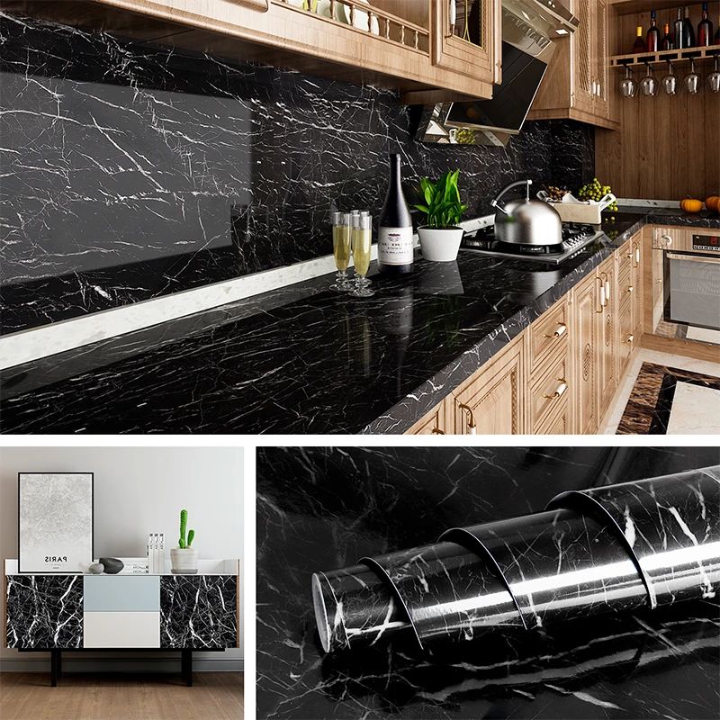 60CMx2M Self Adhesive Black Marble Sheet For Kitchen-Anti Oil And Heat Resistant Wallpaper