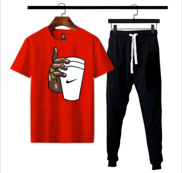 (red) Black Hand With Cup Printed Gym Wear Half Sleeves O Neck Trouser & Tshirt Tracksuit For Men Highly Recommended Tracksuit For Boys
