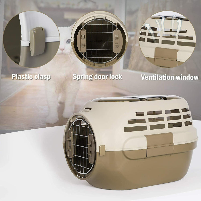 Portable Pet Travel Kennel With Safety Spring Door Lock, Two-Way Flip Door